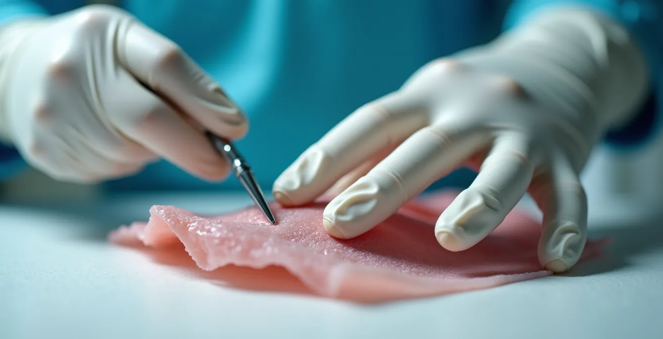 Mains expertes d'un médecin réalisant un geste de précision en médecine esthétique